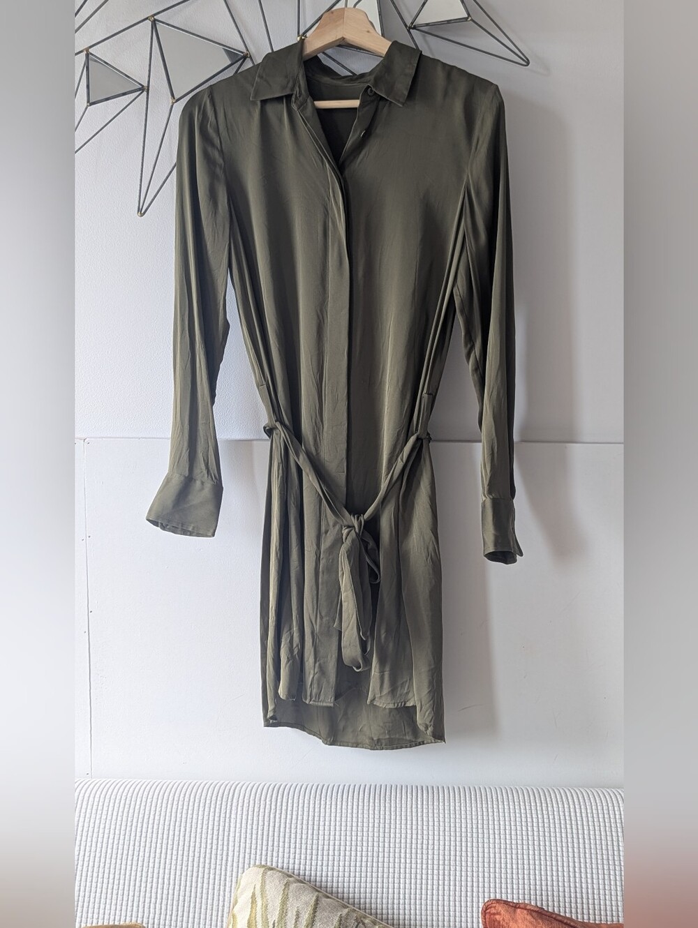 Quince Olive Green Long Sleeve Silk Shirt Dress with Tie Waist